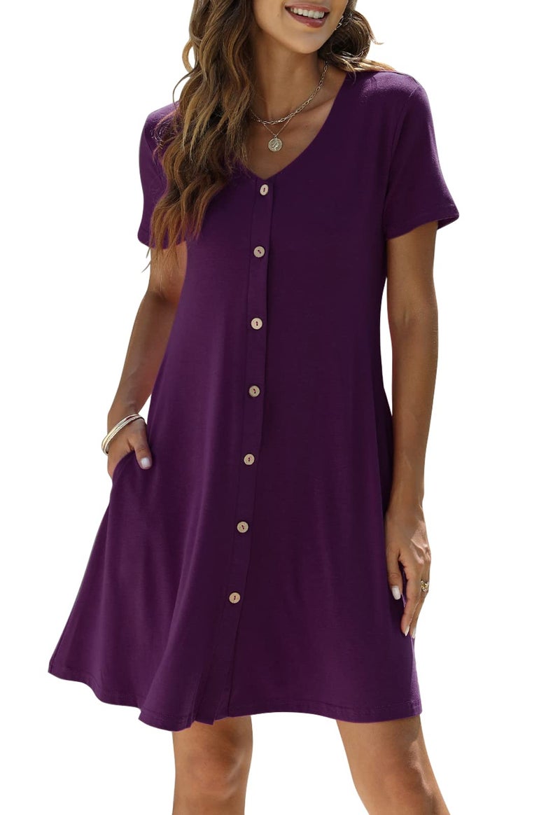 Manydress Women's Summer Casual T Shirt Short Sleeve Button Down Swing Dress with Pockets MY035 (Dark Purple, L) - Image 1